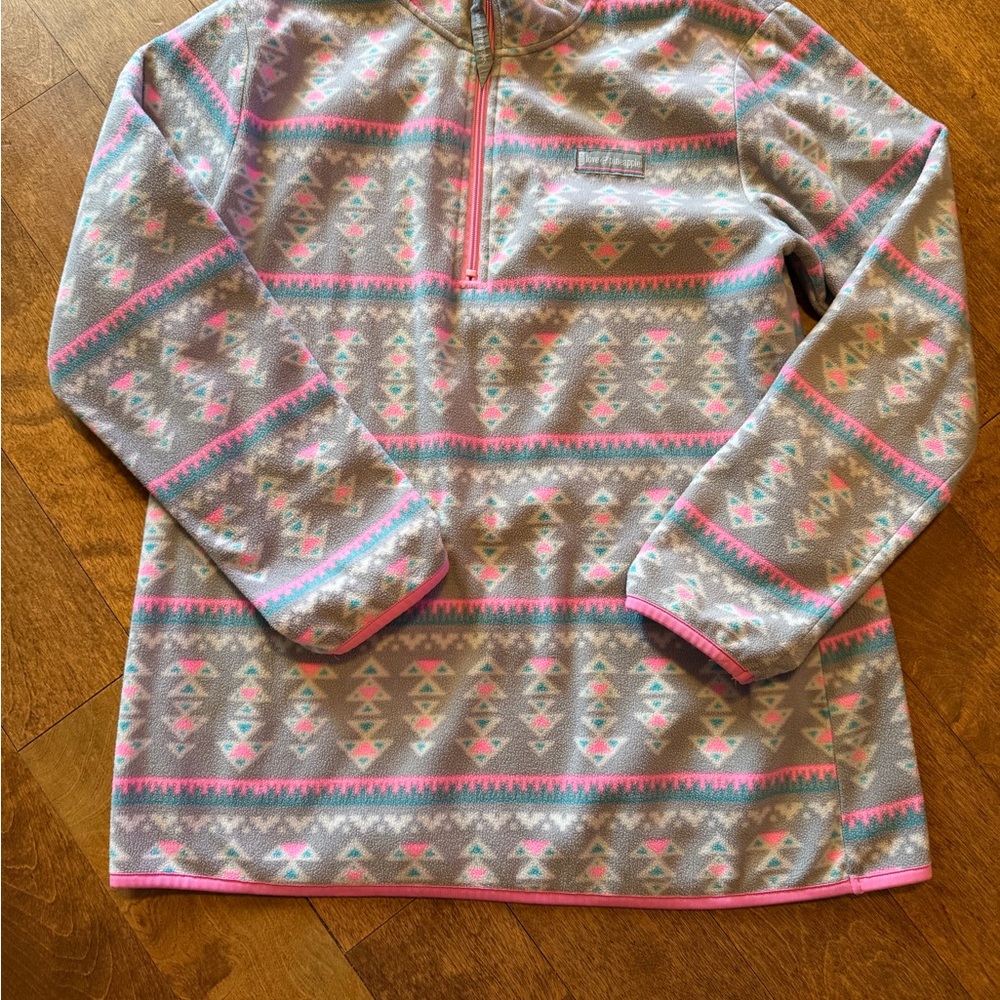 Half-Zip Fleece Pullover Sweatshirt - Gray & Pink Aztec